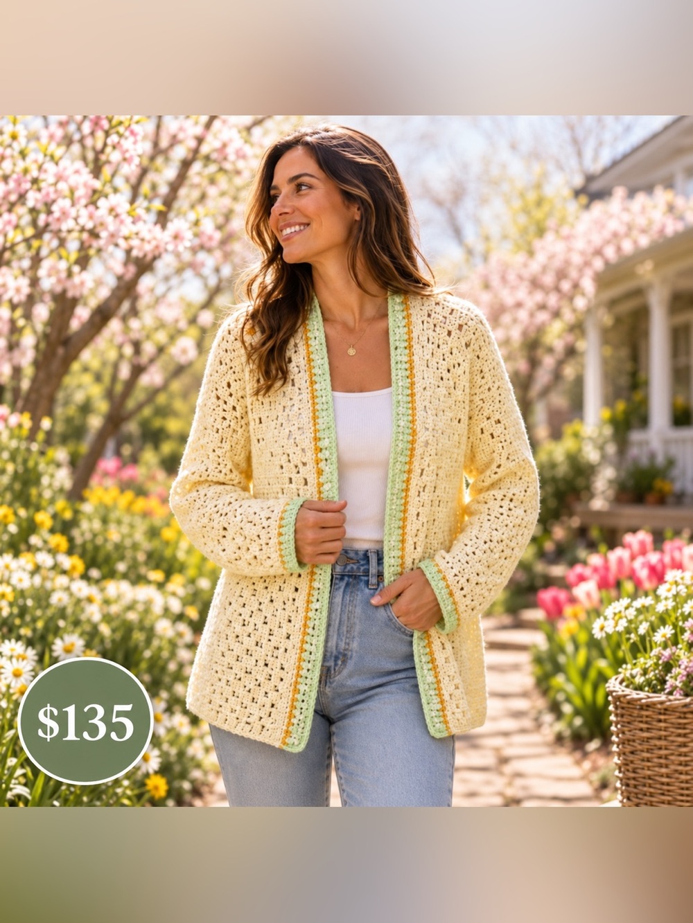Hand Crochet Cream and Green CARDIGAN